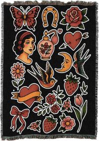 American Traditional Flash Red - Tattoo Design - Tapestry Throw Blanket Woven from Cotton - Made in The USA (50x60)