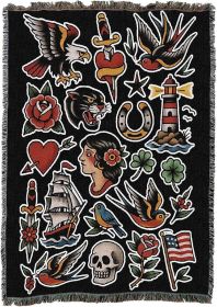 American Traditional Flash - Tattoo Design - Tapestry Throw Blanket Woven from Cotton - Made in The USA (50x60)