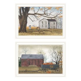 Trendy Decor 4U 2- Piece Vignette Farmhouse, Barn & Pumpkin Wagon White Framed Wall Art for Living Room